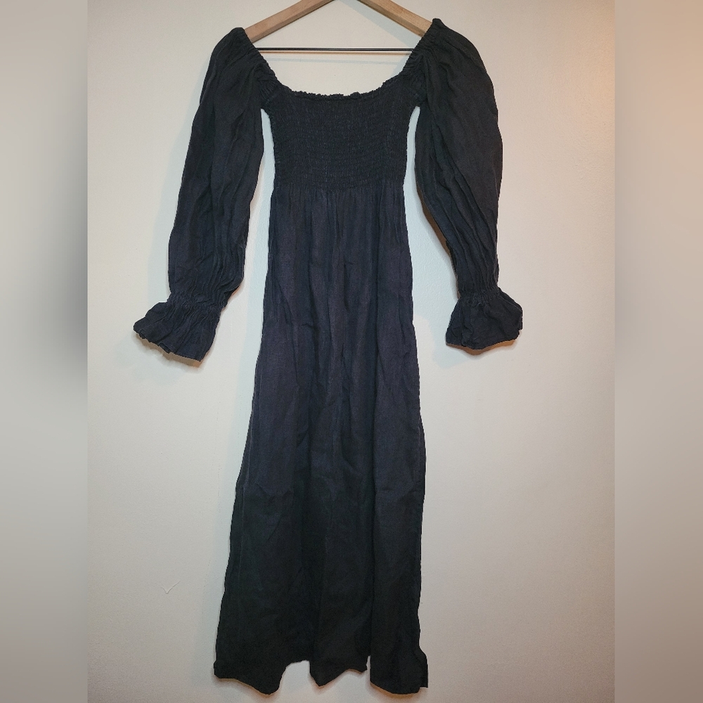 Sleeper 100% linen Atlanta smocked with puff sleeves midi dress, small - Picture 4 of 9